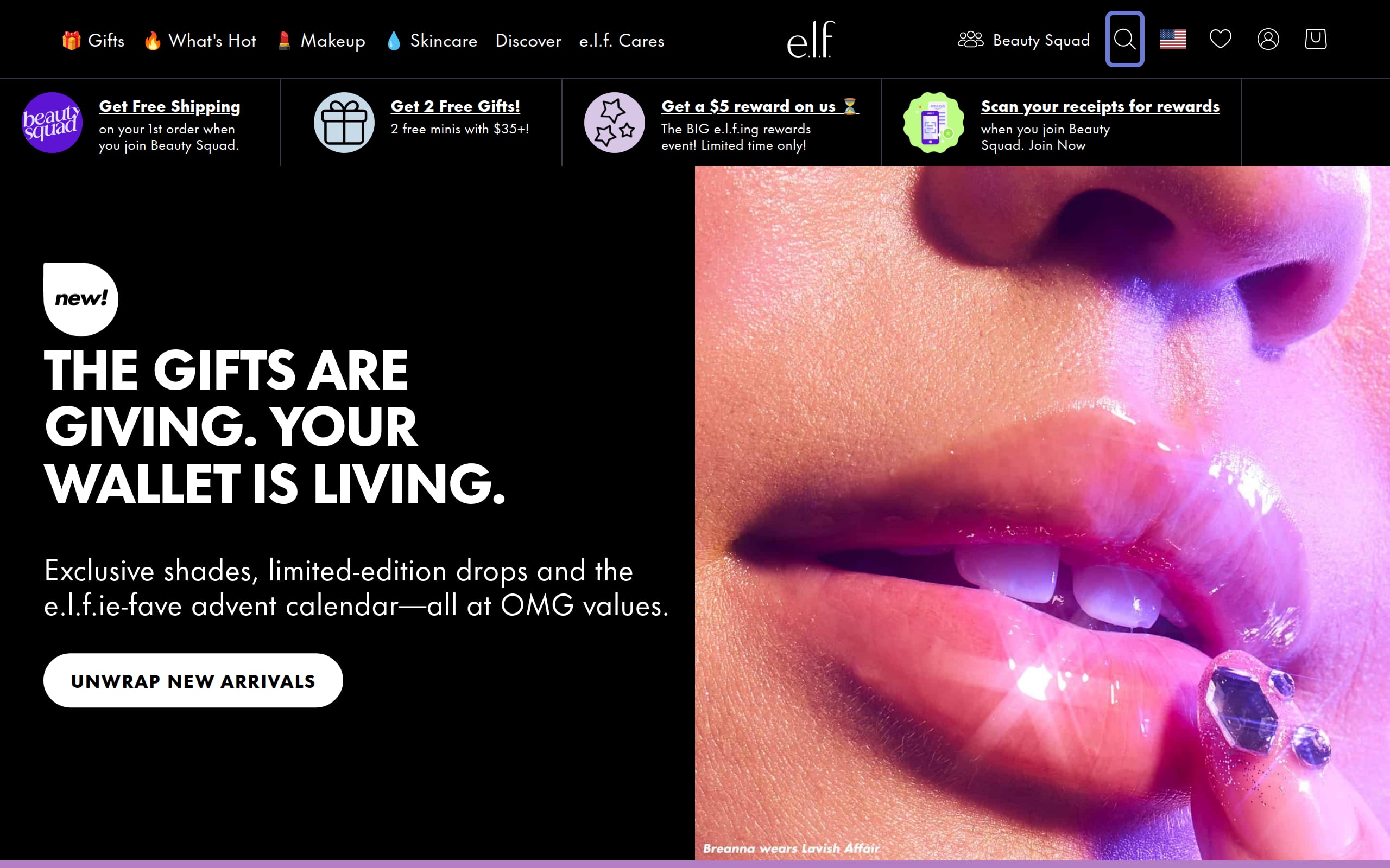 Screenshot of the e.l.f. Cosmetics website homepage