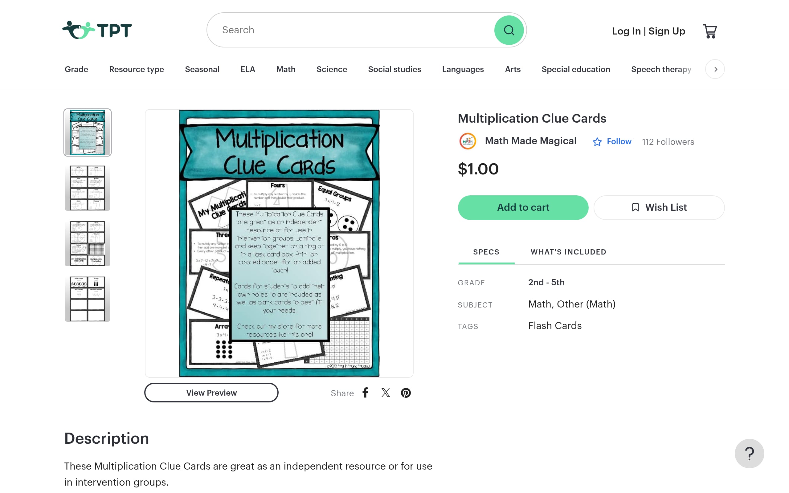 Multiplication Clue Cards Screenshot