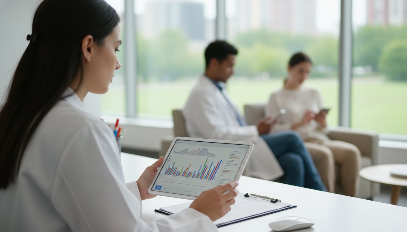 a person in a lab coat holding a tablet device displaying health data