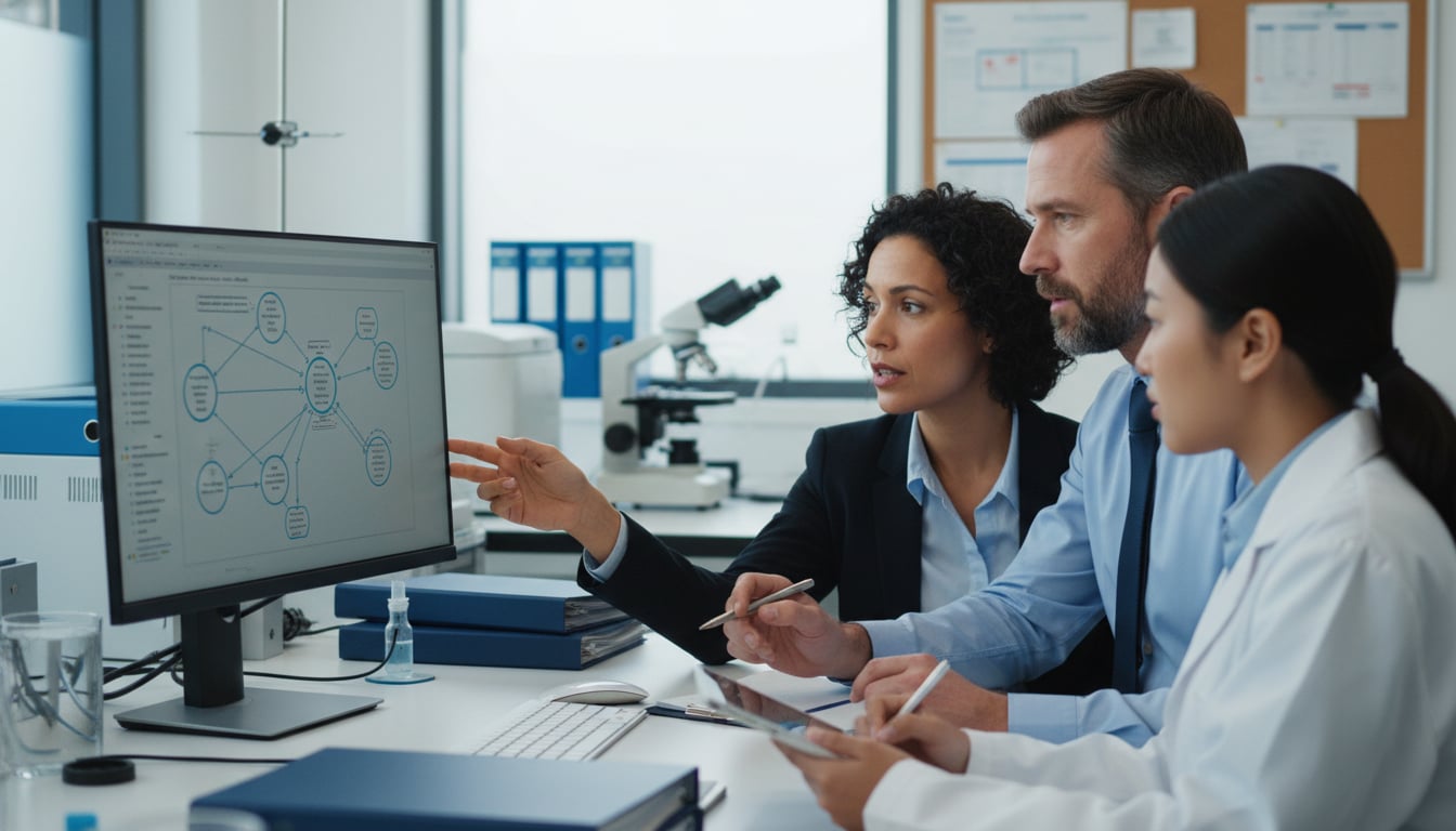 A scientist looking at medical data on a computer screen, representing clinical trial design.