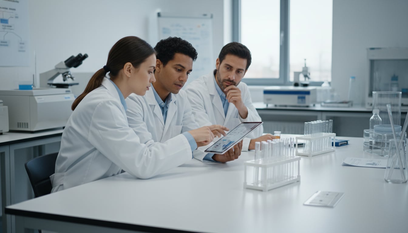 A scientist looking at a petri dish in a lab