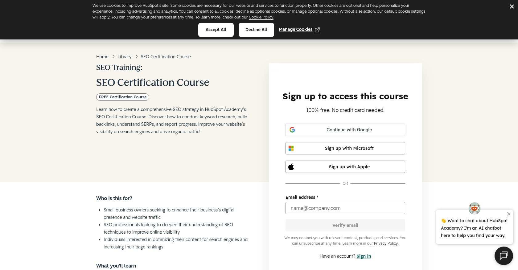 HubSpot SEO Certification Screenshot