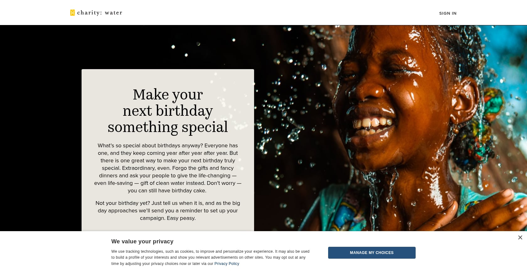 charity: water Birthday Campaign Screenshot