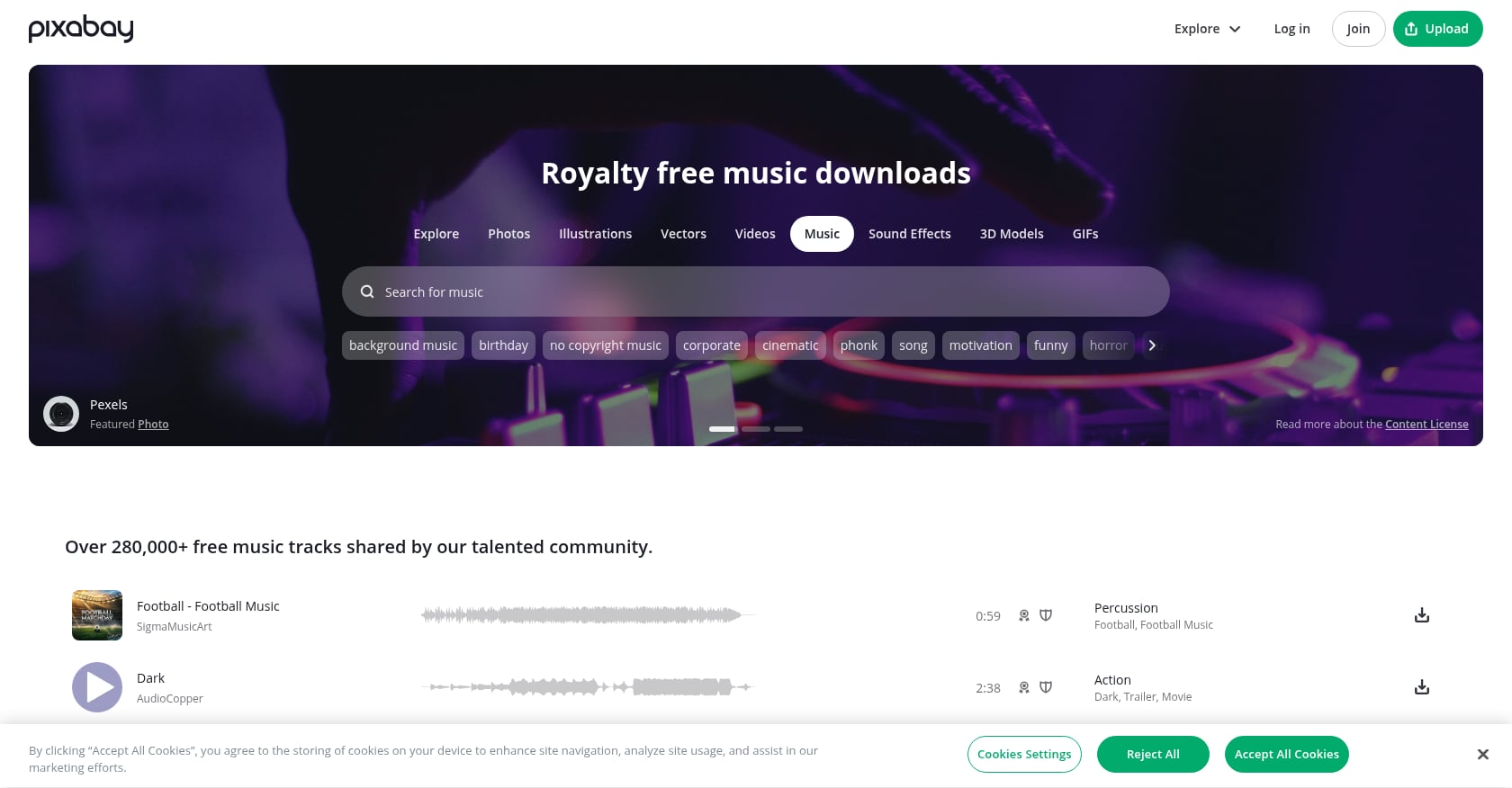 Pixabay Music Screenshot